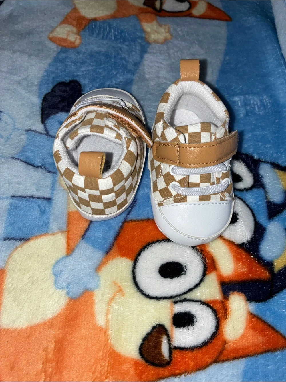 Little Me Tan and White Checkered Baby Walker Shoes